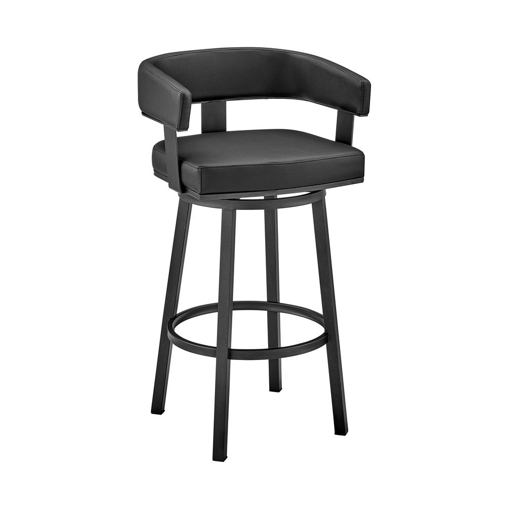 30" Black Faux Leather And Fabric And Iron Low Back Bar Height Swivel Bar Chair