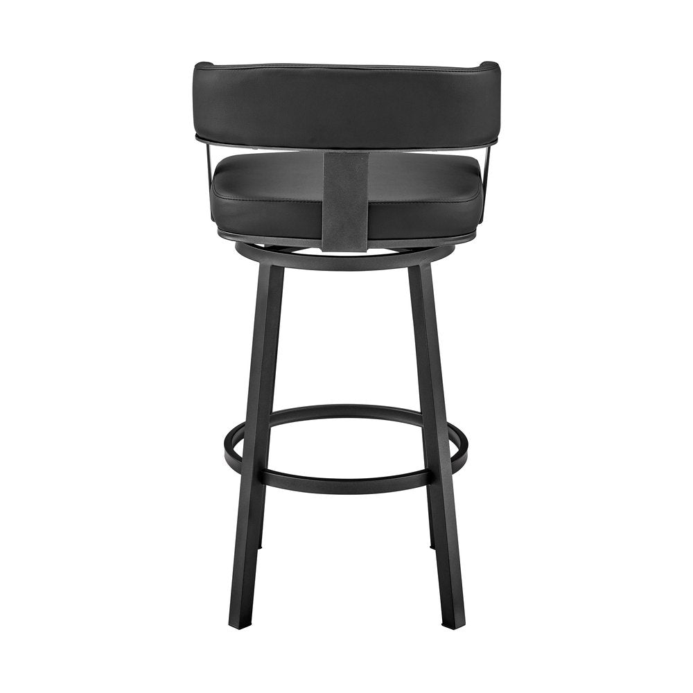 30" Black Faux Leather And Fabric And Iron Low Back Bar Height Swivel Bar Chair