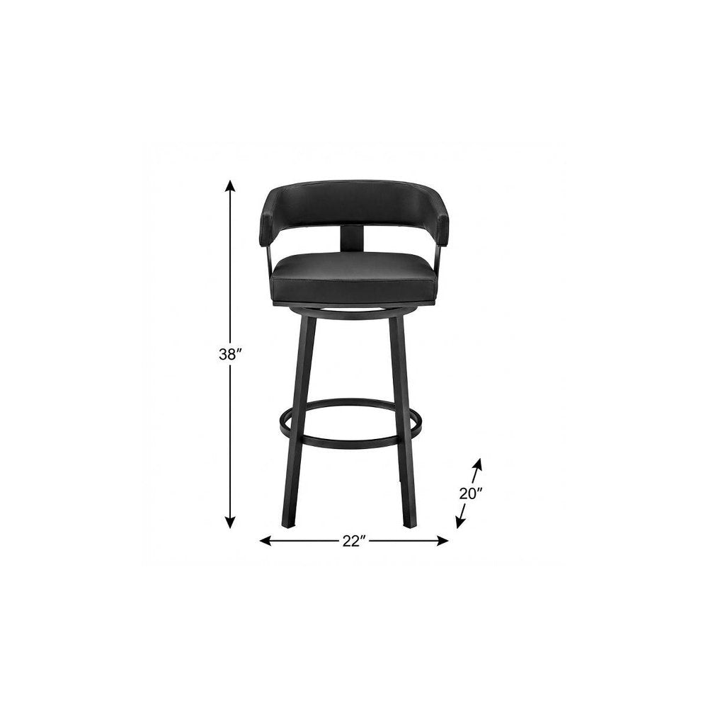 30" Black Faux Leather And Iron Swivel Low Back Bar Height Bar Chair