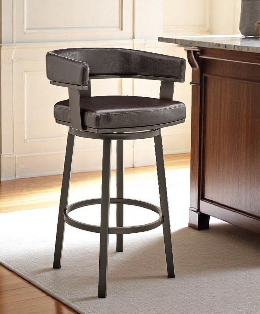 26" Chocolate And Gray Faux Leather And Iron Swivel Low Back Counter Height Bar Chair