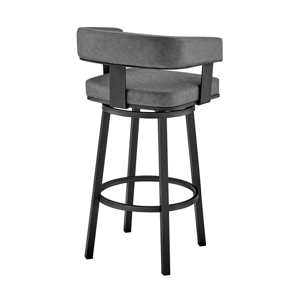 30" Gray And Black Fabric And Iron Low Back Bar Height Swivel Bar Chair
