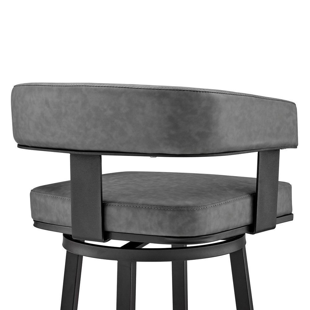 30" Gray And Black Fabric And Iron Low Back Bar Height Swivel Bar Chair