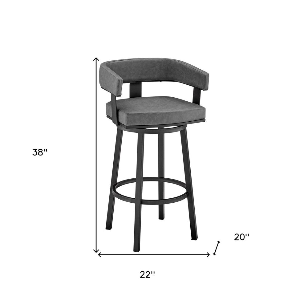 30" Gray and Black Faux Leather and Iron Low Back Bar Height Swivel Bar Chair