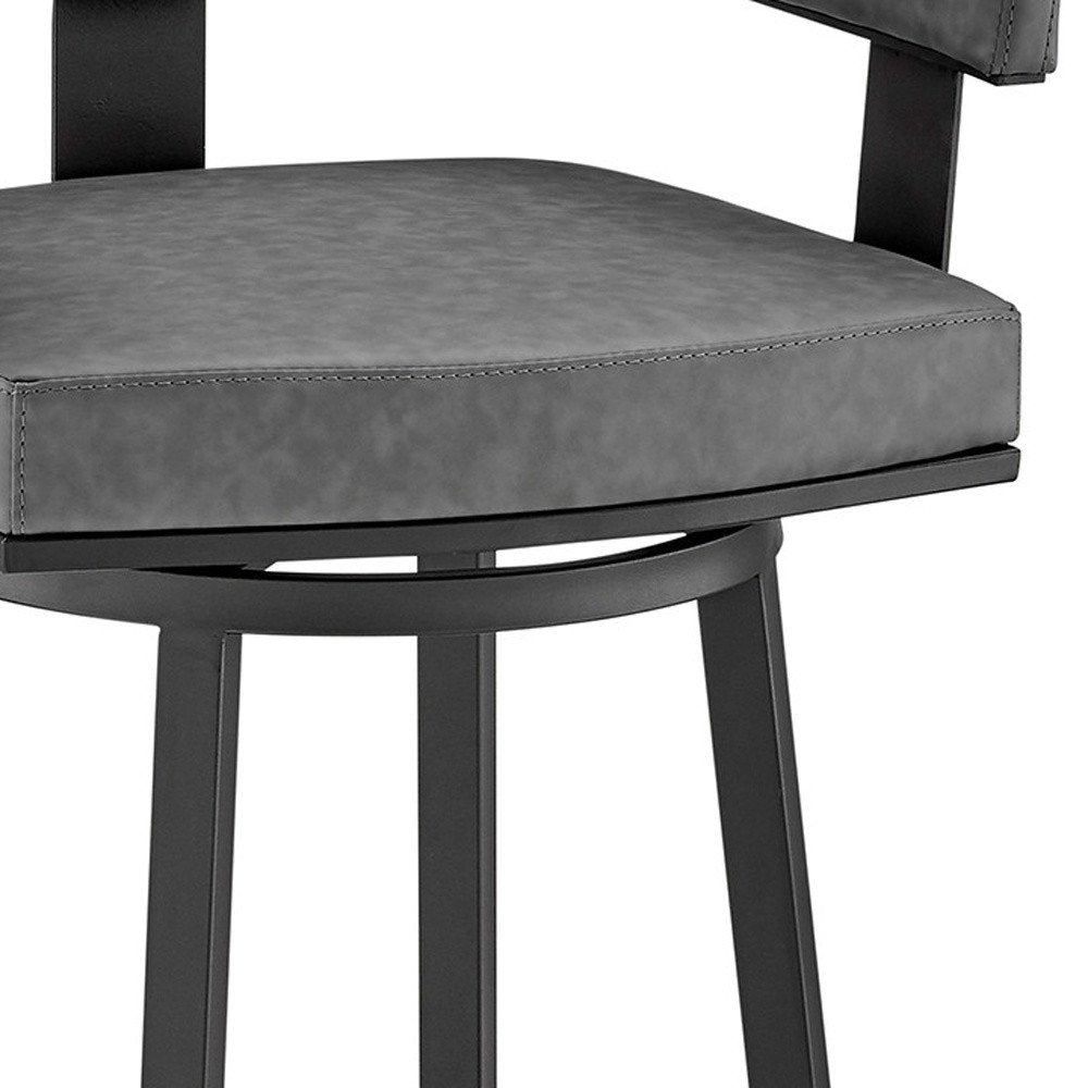 30" Gray And Black Fabric And Iron Low Back Bar Height Swivel Bar Chair