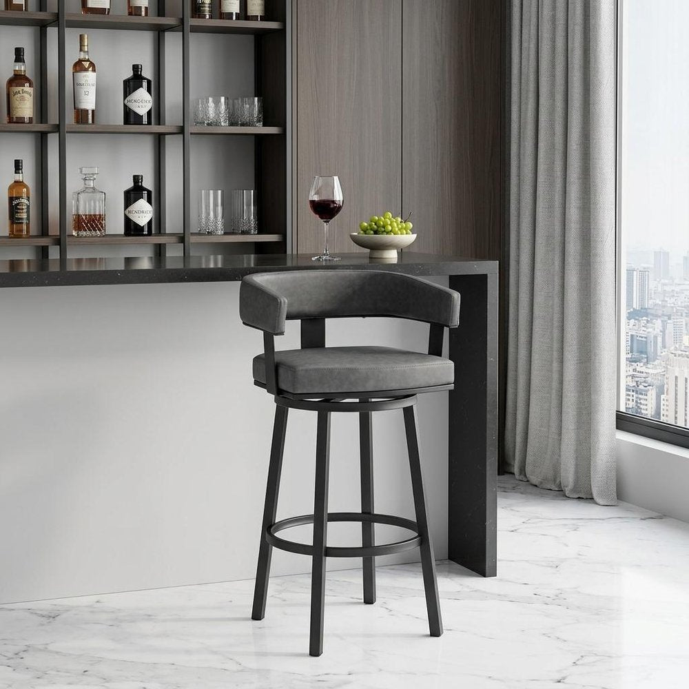 30" Gray And Black Fabric And Iron Low Back Bar Height Swivel Bar Chair