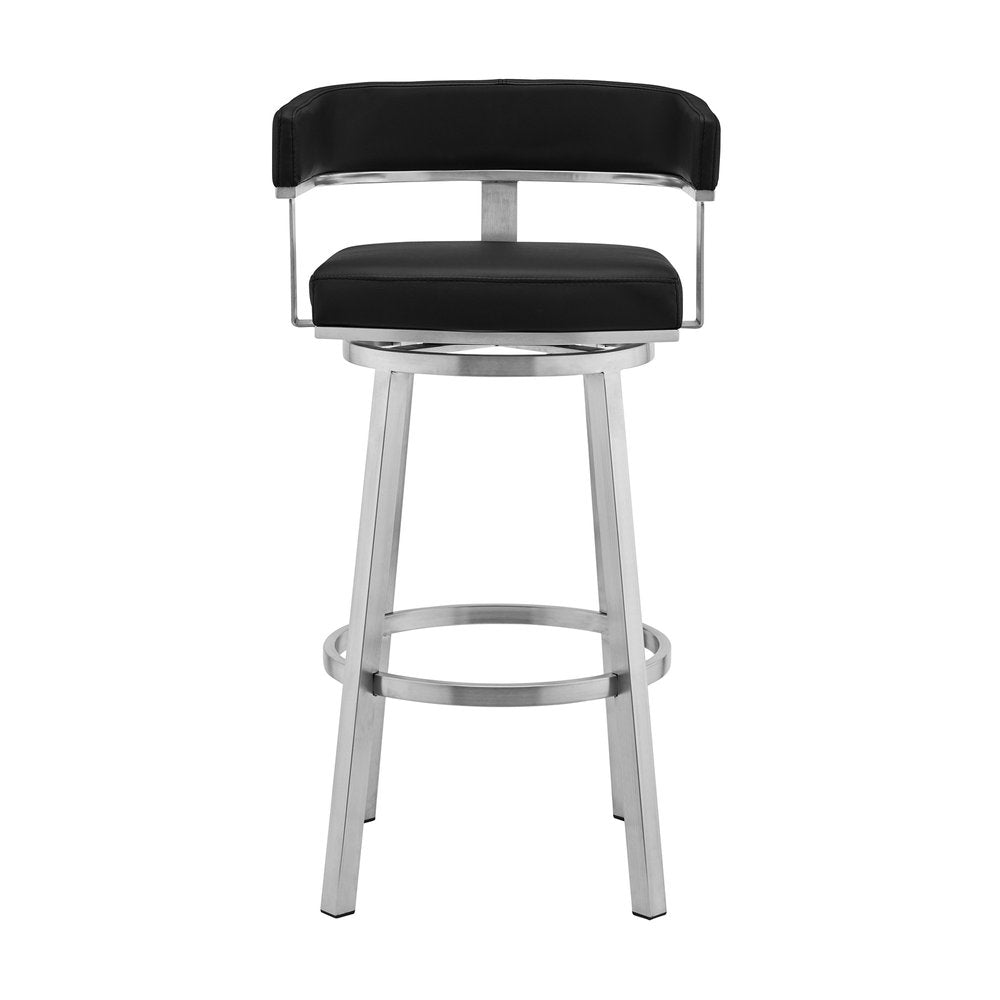 26" Black And Silver Faux Leather And Fabric And Iron Low Back Counter Height Swivel Bar Chair