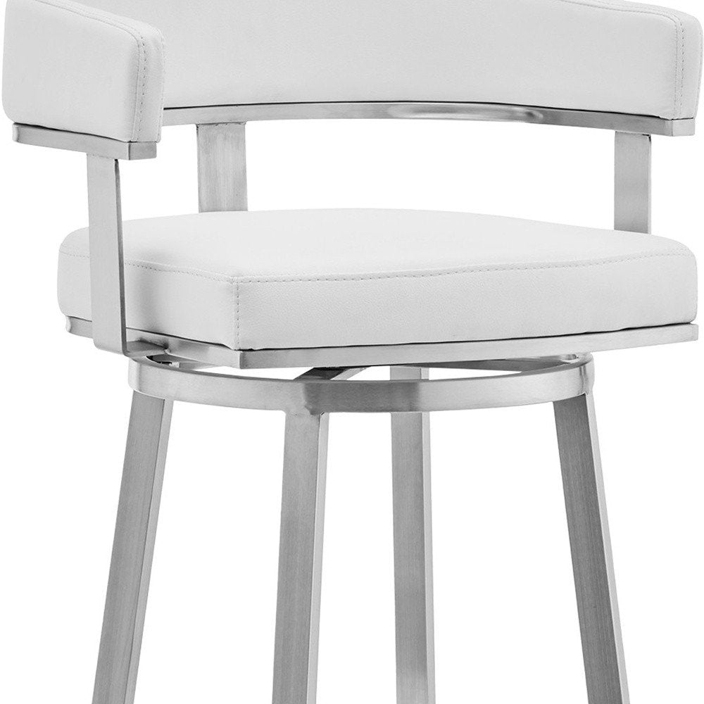 30" White And Silver Faux Leather And Fabric And Steel Low Back Bar Height Swivel Bar Chair