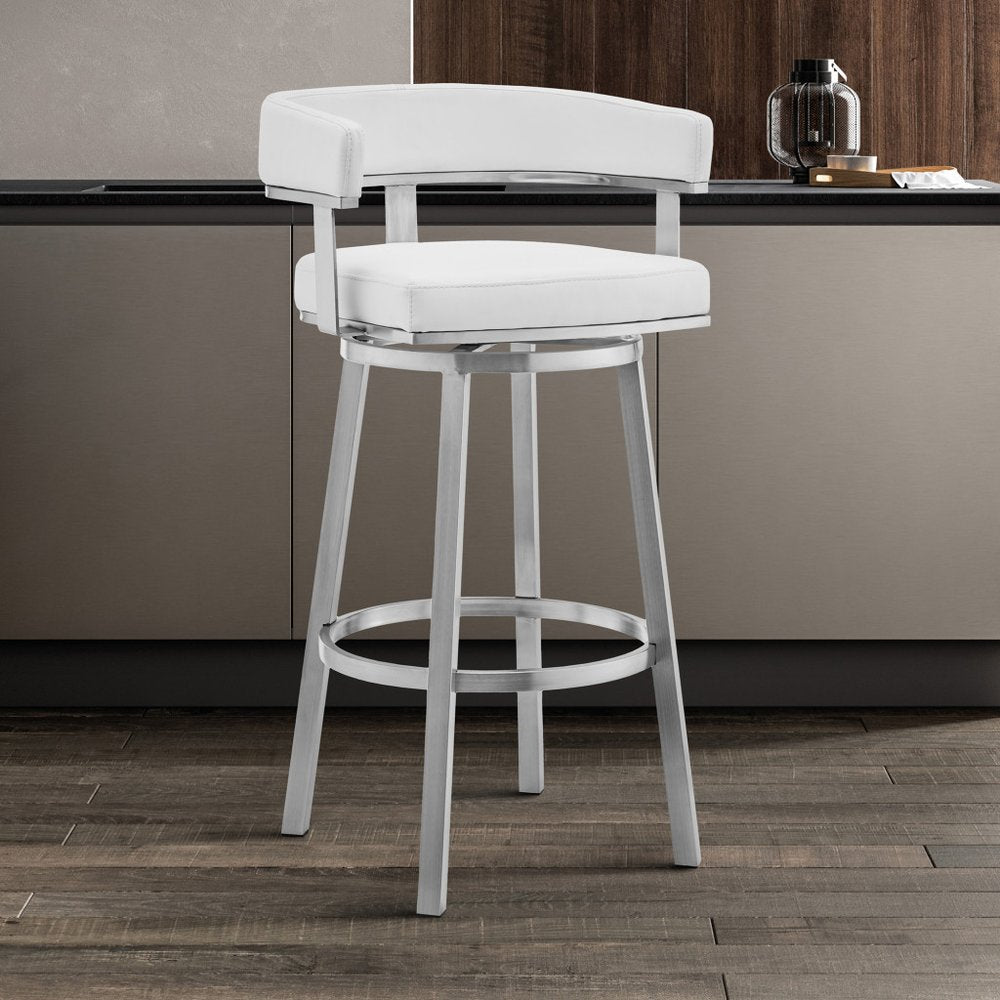 30" White And Silver Faux Leather And Fabric And Steel Low Back Bar Height Swivel Bar Chair