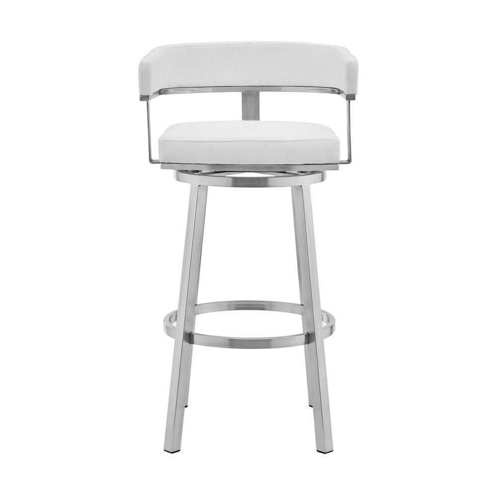 30" White and Silver Faux Leather Stainless Steel Low Back Bar Height Swivel Bar Chair