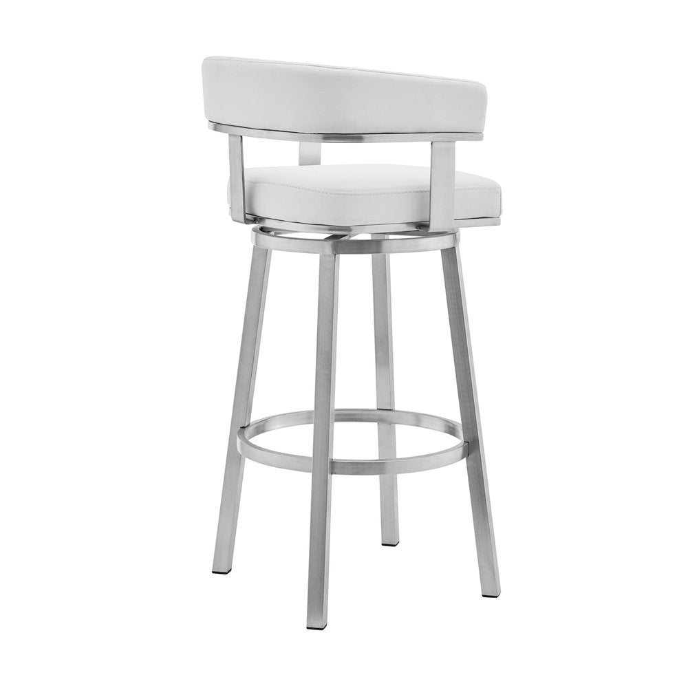 30" White And Silver Faux Leather And Fabric And Steel Low Back Bar Height Swivel Bar Chair