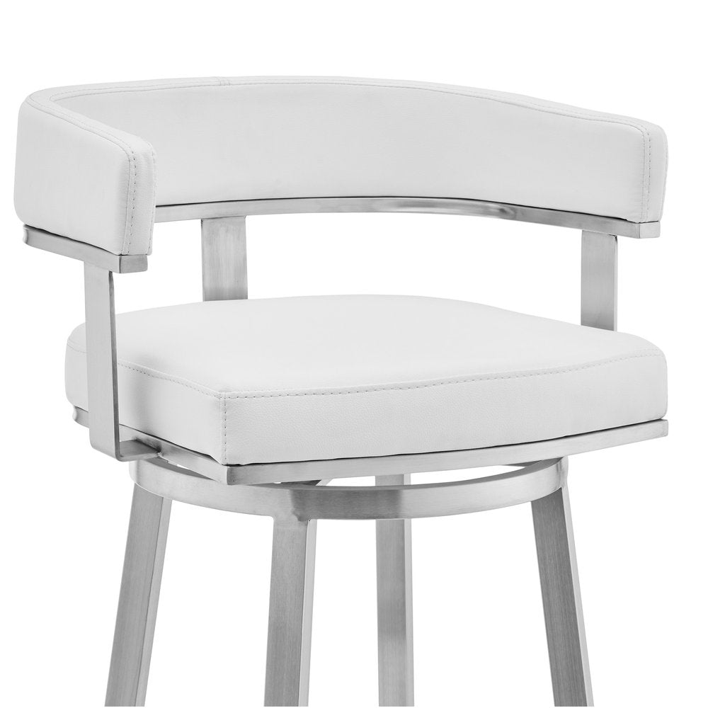 30" White And Silver Faux Leather And Fabric And Steel Low Back Bar Height Swivel Bar Chair