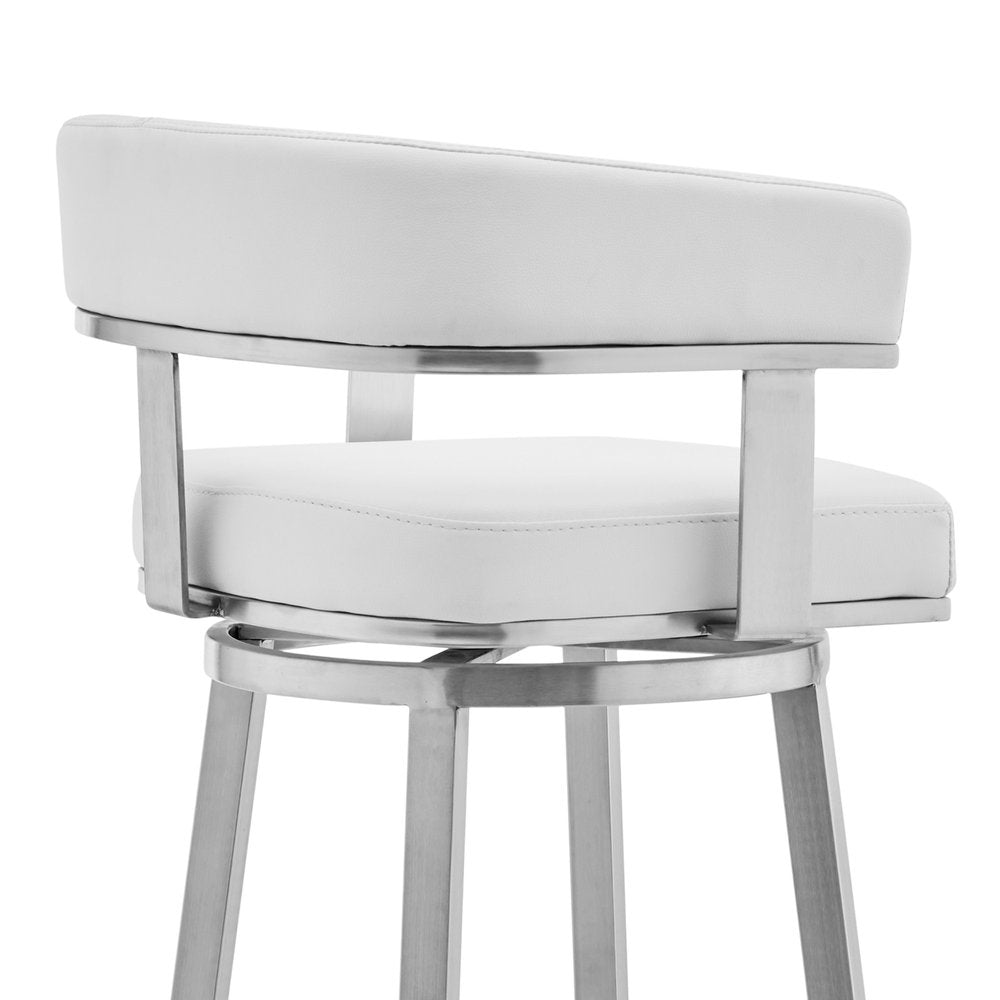 30" White And Silver Faux Leather And Fabric And Steel Low Back Bar Height Swivel Bar Chair