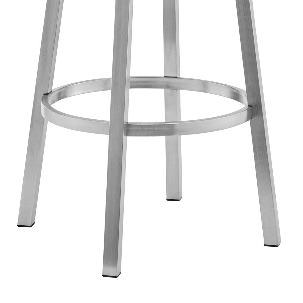 30" White And Silver Faux Leather And Fabric And Steel Low Back Bar Height Swivel Bar Chair