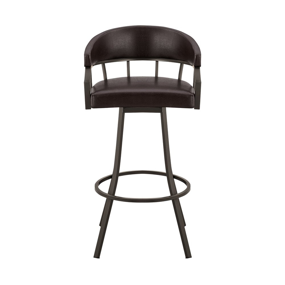 30" Brown Faux Leather And Iron Swivel Low Back Bar Height Bar Chair