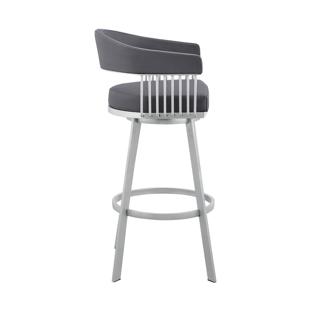25" Slate Gray And Silver Fabric And Iron Low Back Counter Height Swivel Bar Chair