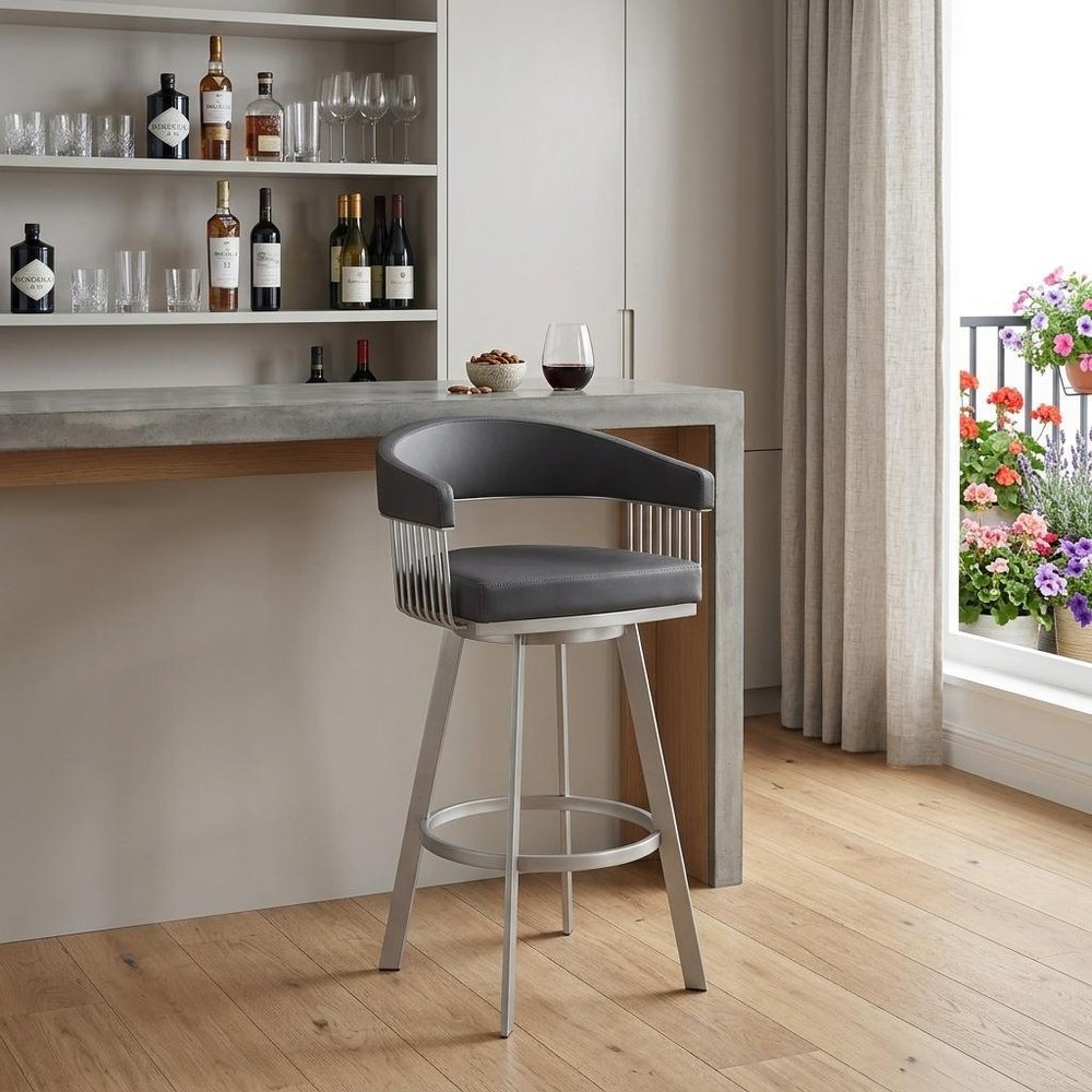 29" Slate Gray And Silver Iron Swivel Low Back Bar Chair