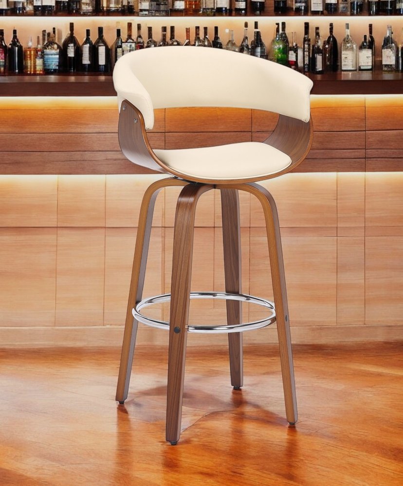 27" Cream and Brown Faux Leather and Solid Wood Low Back Counter Height Swivel Bar Chair