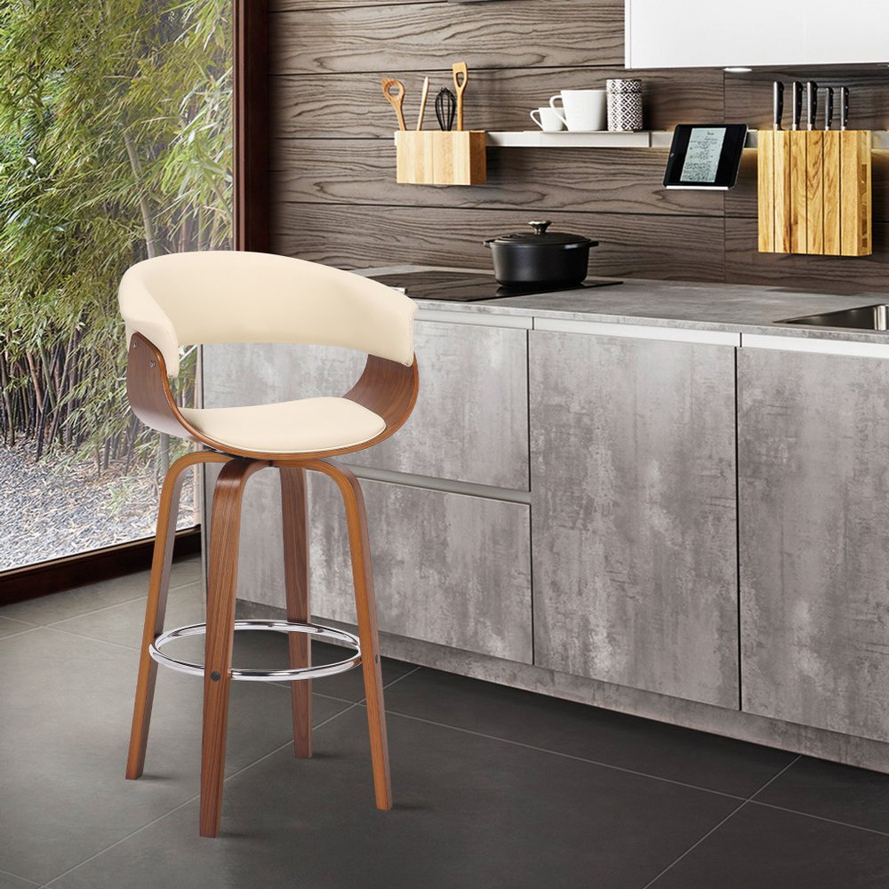 27" Cream And Brown Faux Leather And Fabric And Solid Wood Low Back Counter Height Swivel Bar Chair