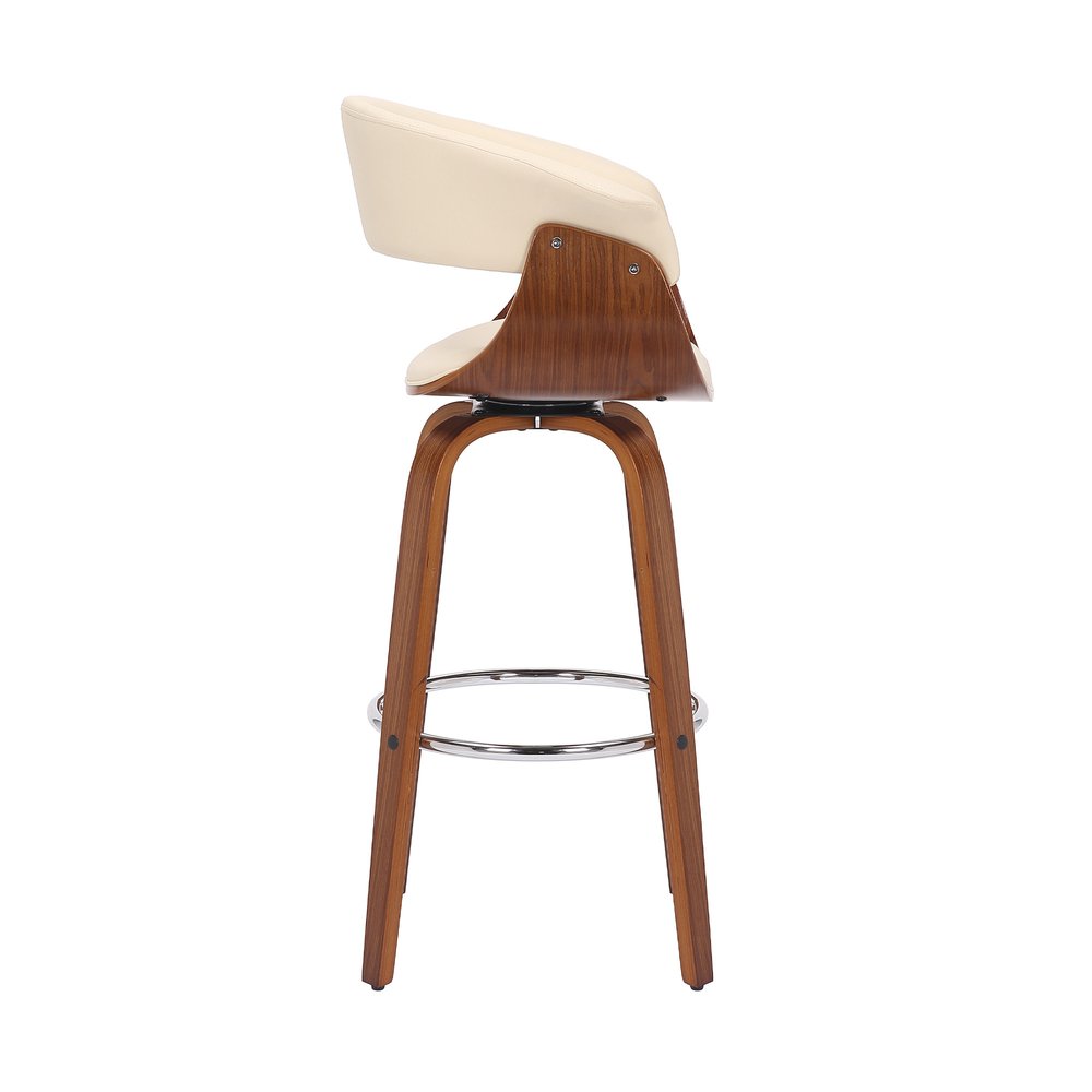 27" Cream and Brown Faux Leather and Solid Wood Low Back Counter Height Swivel Bar Chair
