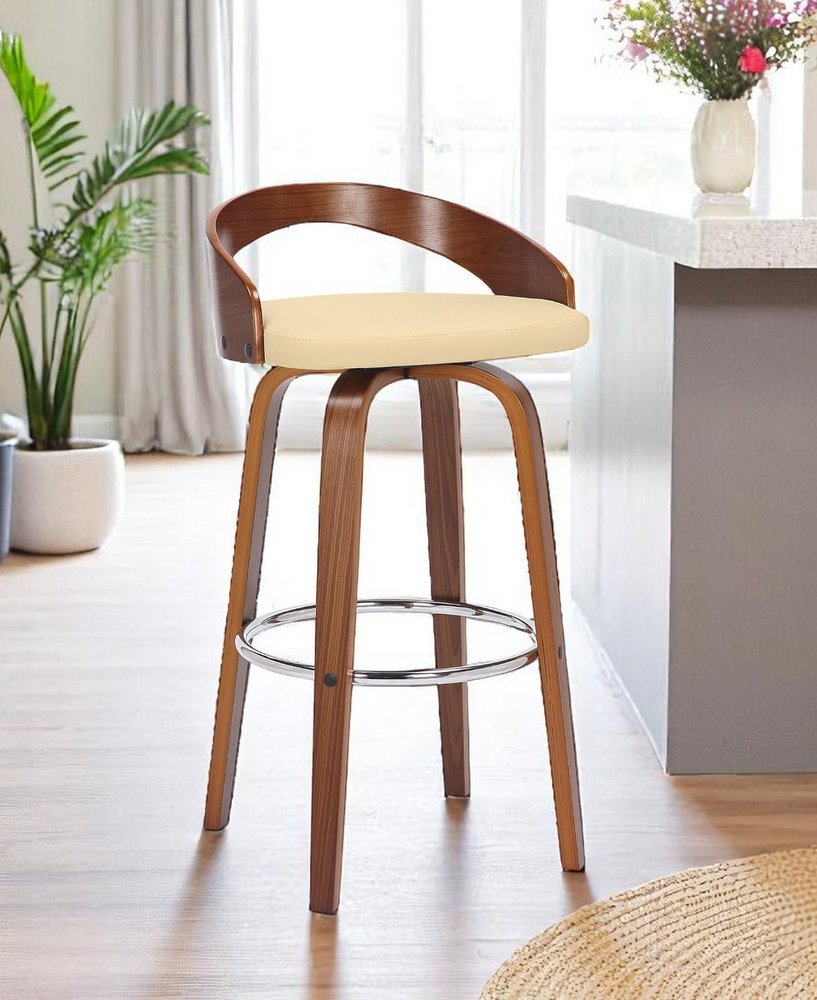 30" Cream And Brown Faux Leather And Solid Wood Swivel Low Back Bar Height Bar Chair