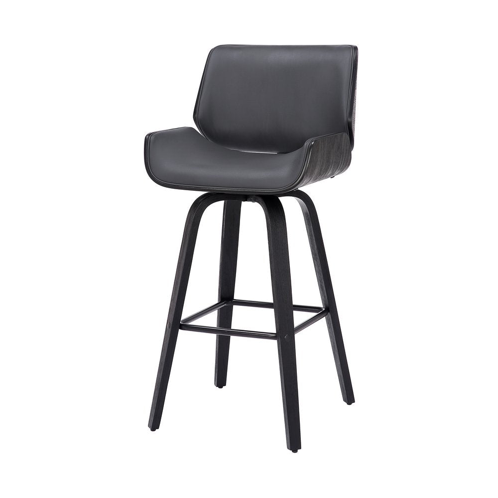 30" Gray and Black Faux Leather and Iron Bar Height Swivel Bar Chair
