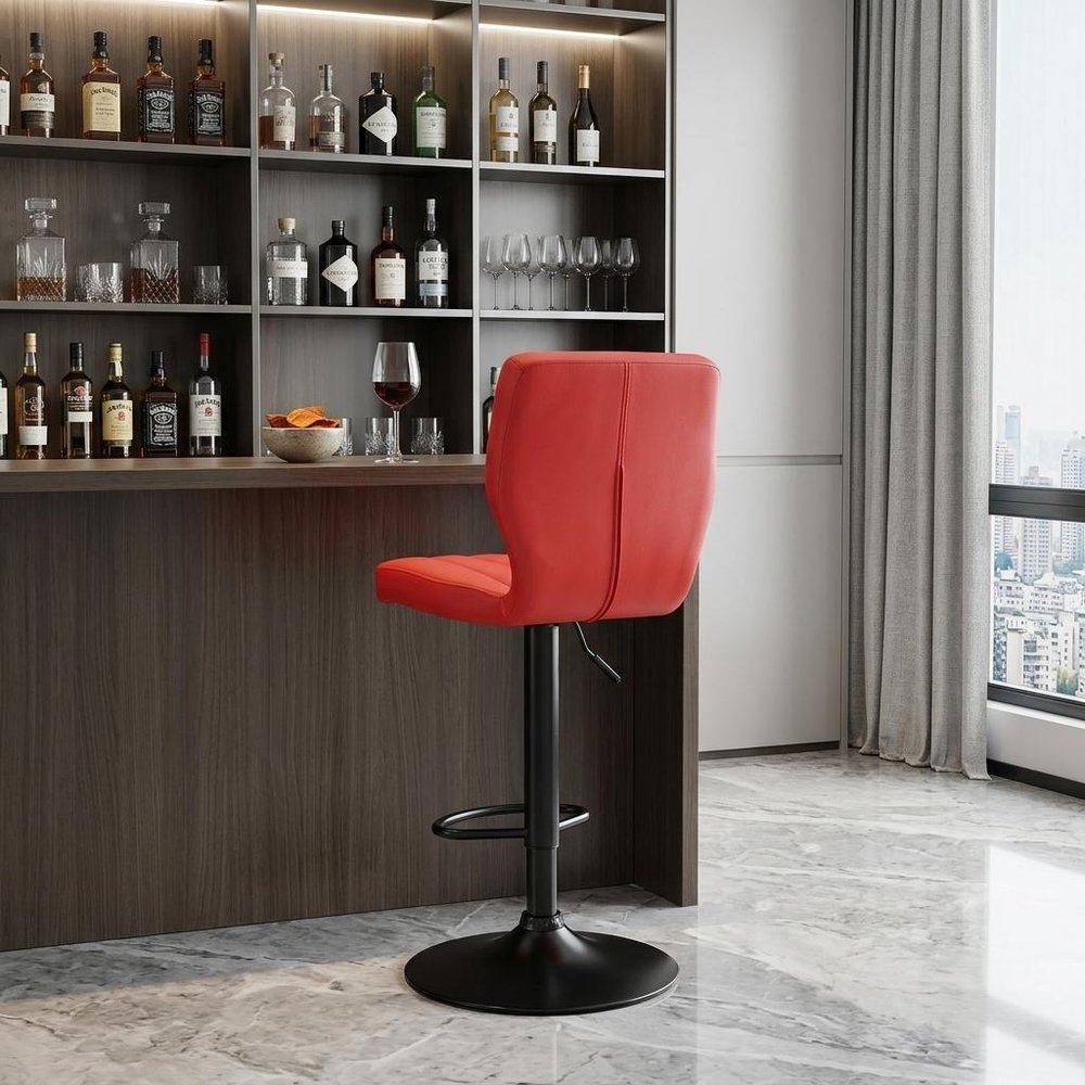 Red and Black Faux Leather And Iron Adjustable Height Swivel Bar Chair