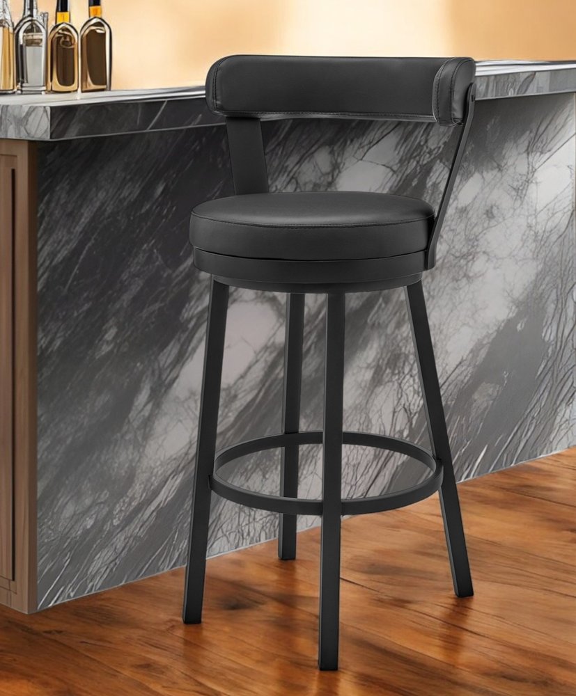 30" Black Faux Leather and Steel Low Back Bar Height Swivel Bar Chair