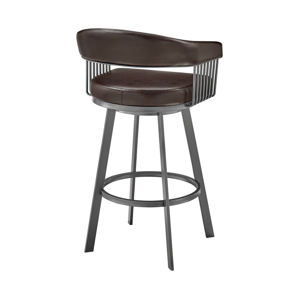 29" Chocolate And Gray Fabric And Faux Leather And Iron Low Back Bar Height Swivel Bar Chair