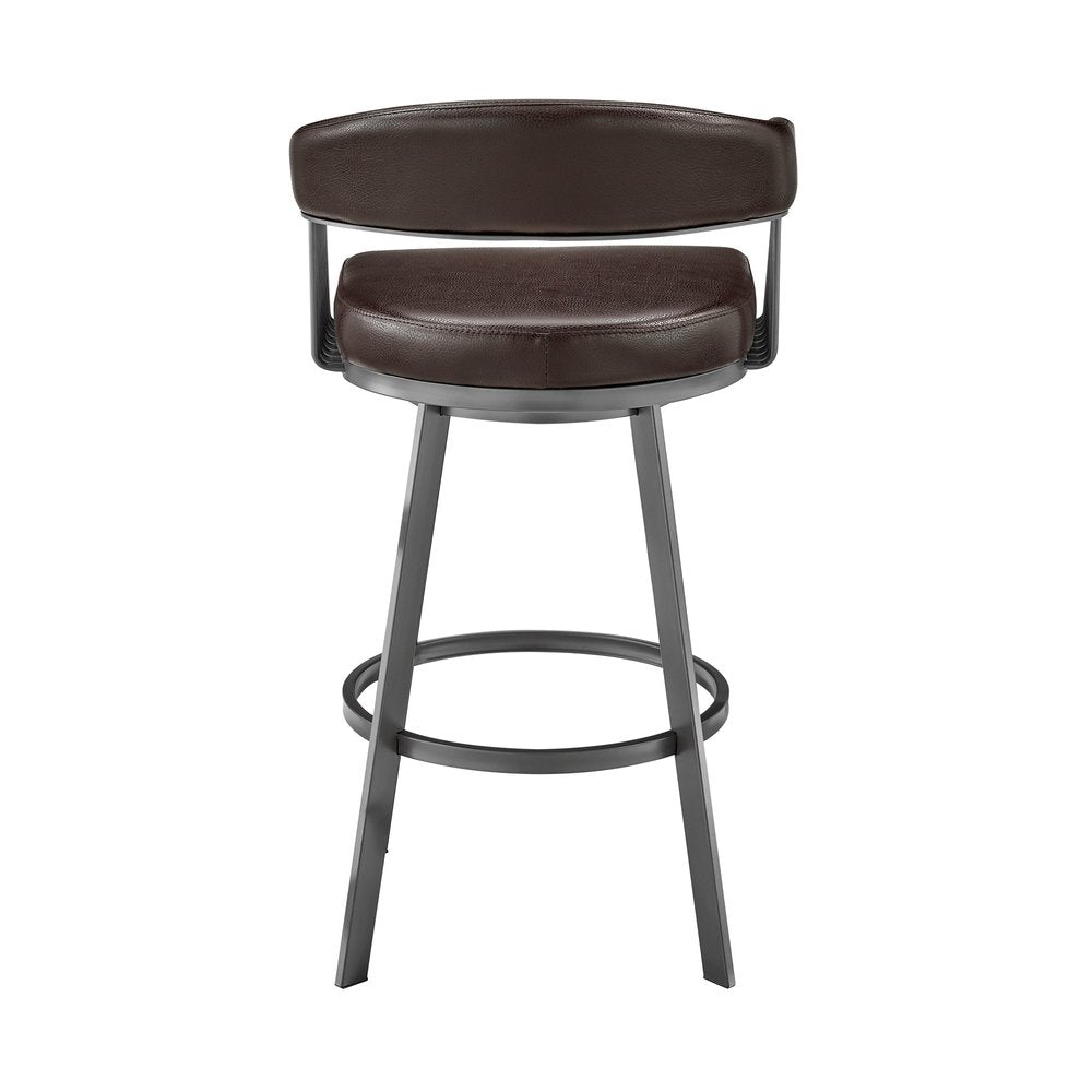 29" Chocolate And Gray Fabric And Faux Leather And Iron Low Back Bar Height Swivel Bar Chair