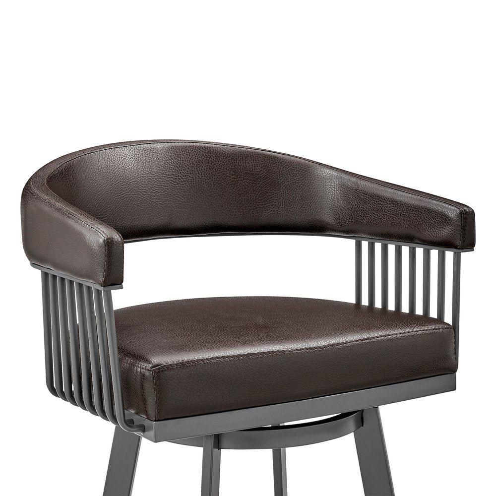 29" Chocolate And Gray Fabric And Faux Leather And Iron Low Back Bar Height Swivel Bar Chair