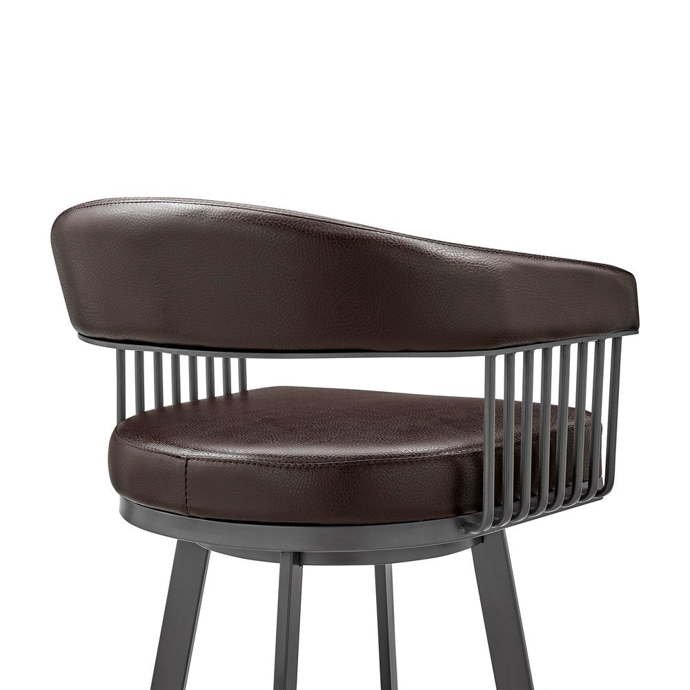 29" Chocolate And Gray Fabric And Faux Leather And Iron Low Back Bar Height Swivel Bar Chair