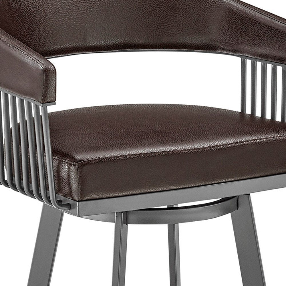 29" Chocolate And Gray Fabric And Faux Leather And Iron Low Back Bar Height Swivel Bar Chair
