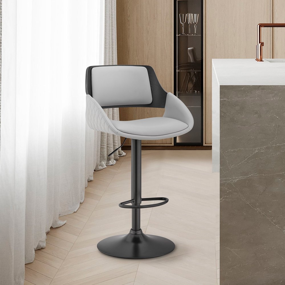 Gray And Black Fabric And Iron Low Back Adjustable Height Swivel Bar Chair