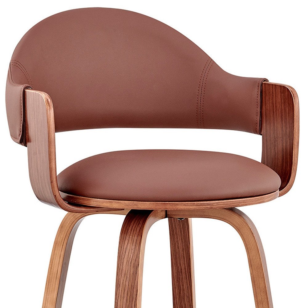 30" Brown Fabric And Wood Low Back Bar Height Swivel Bar Chair