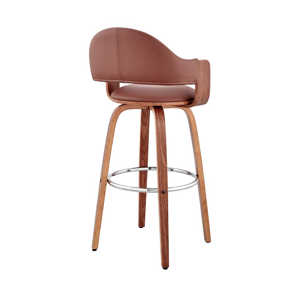 30" Brown Fabric And Wood Low Back Bar Height Swivel Bar Chair