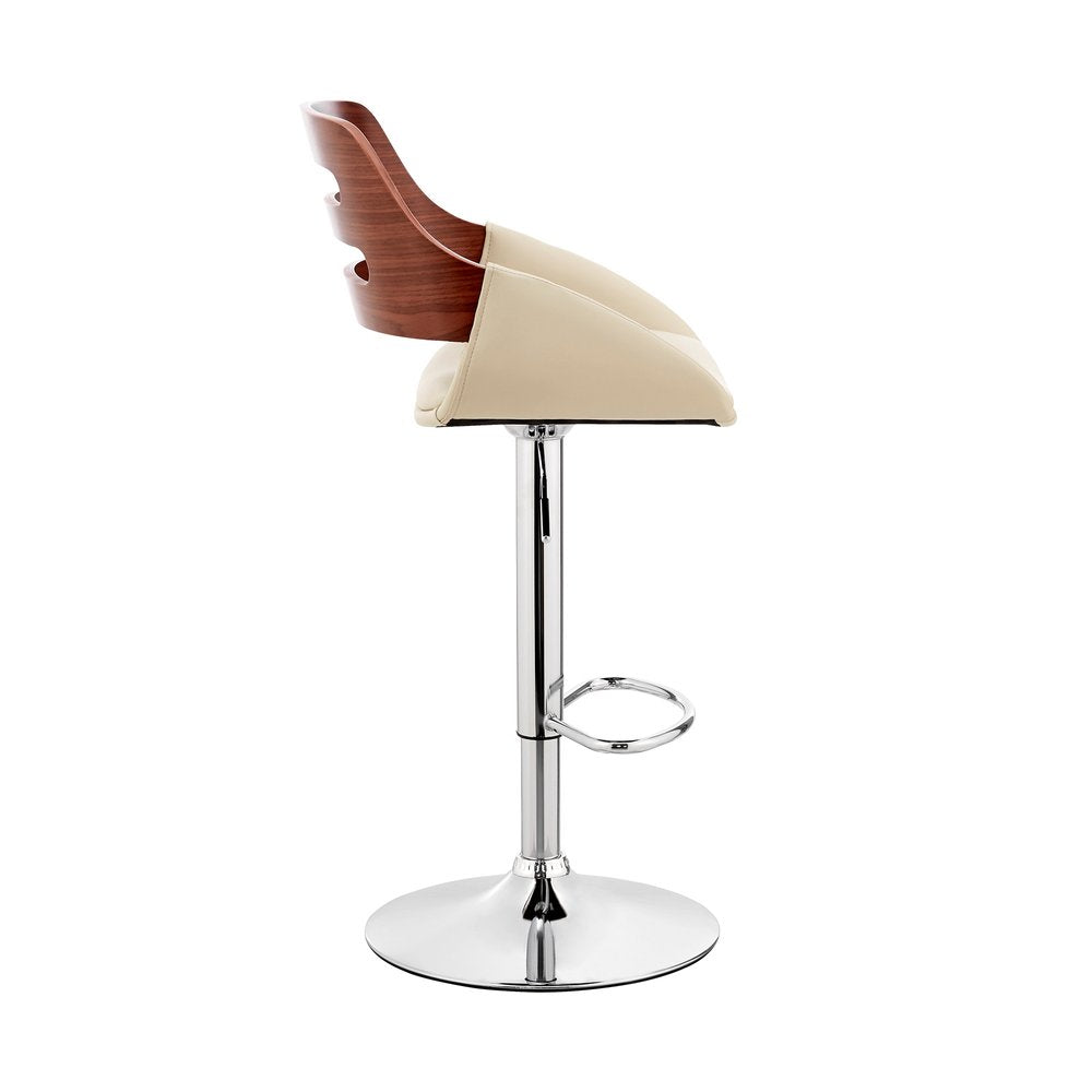 Cream And Silver Fabric And Iron Low Back Adjustable Height Swivel Bar Chair