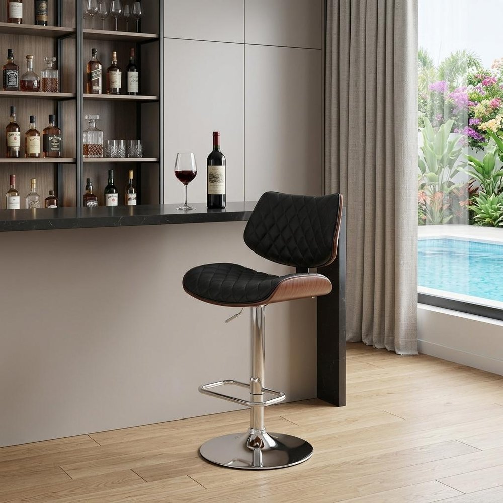 24" Black And Silver Faux Leather And Iron Swivel Low Back Adjustable Height Bar Chair