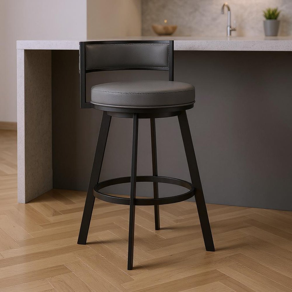 26" Gray And Black Faux Leather And Fabric And Iron Low Back Counter Height Swivel Bar Chair