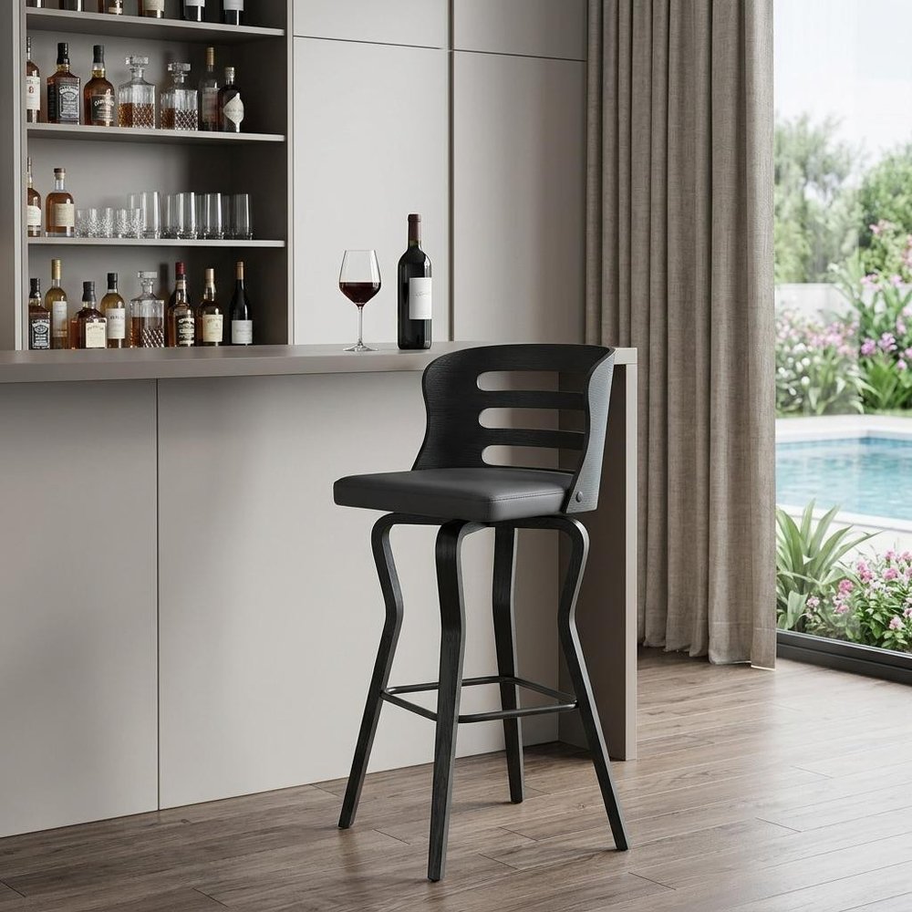 29" Gray And Black Faux Leather And Iron Swivel Low Back Bar Height Bar Chair