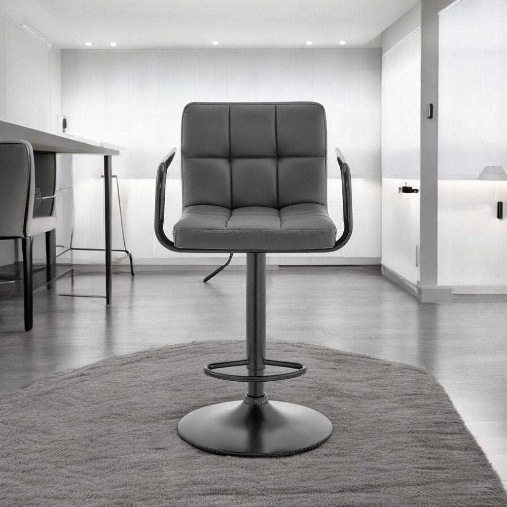 25" Gray And Black Faux Leather And Iron Swivel Low Back Adjustable Height Bar Chair