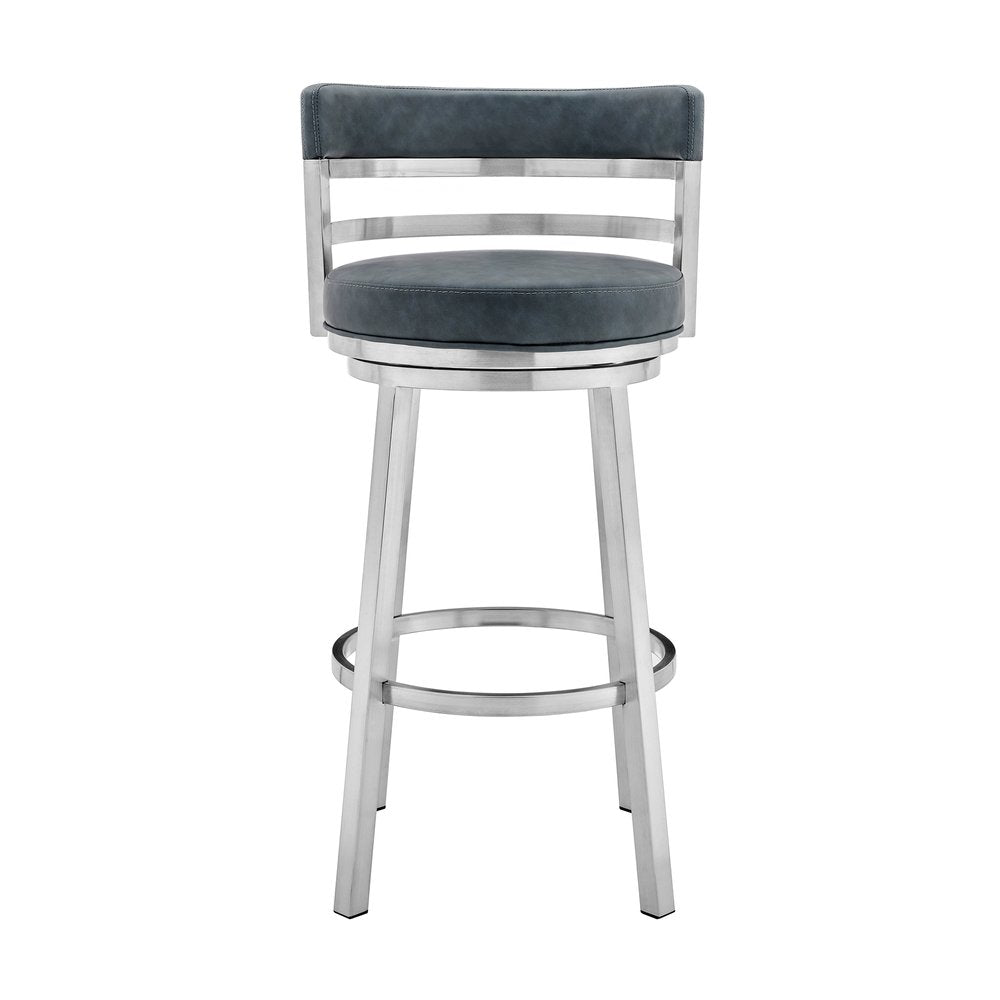 26" Blue And Silver Faux Leather And Fabric And Steel Low Back Counter Height Swivel Bar Chair