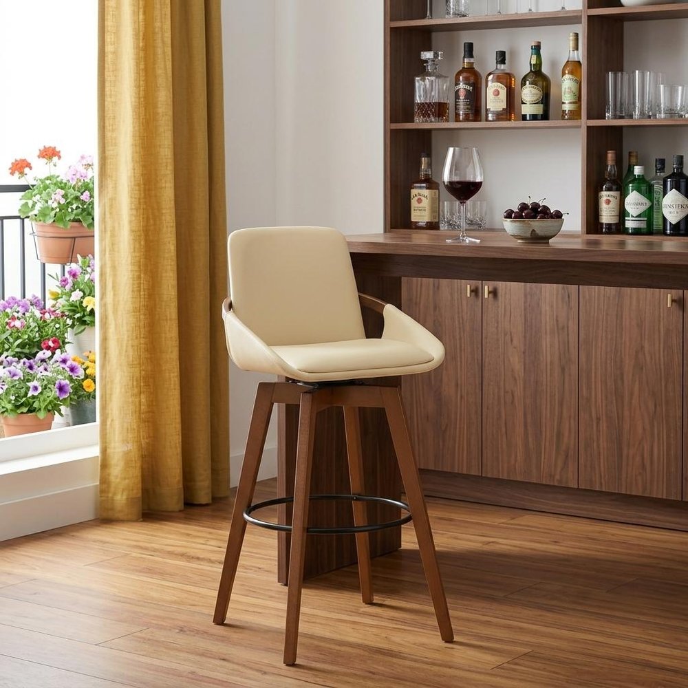 31" Cream And Black Fabric And Iron Bar Height Swivel Bar Chair