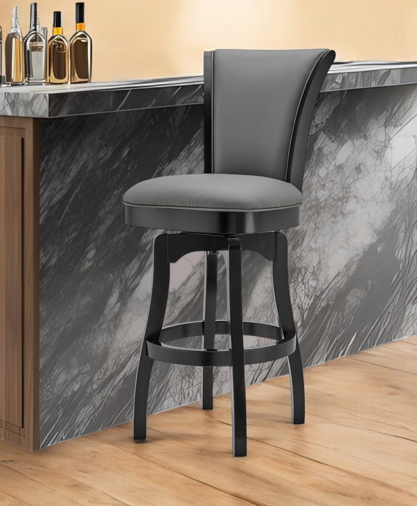 26" Gray and Black Faux Leather and Iron Counter Height Swivel Bar Chair