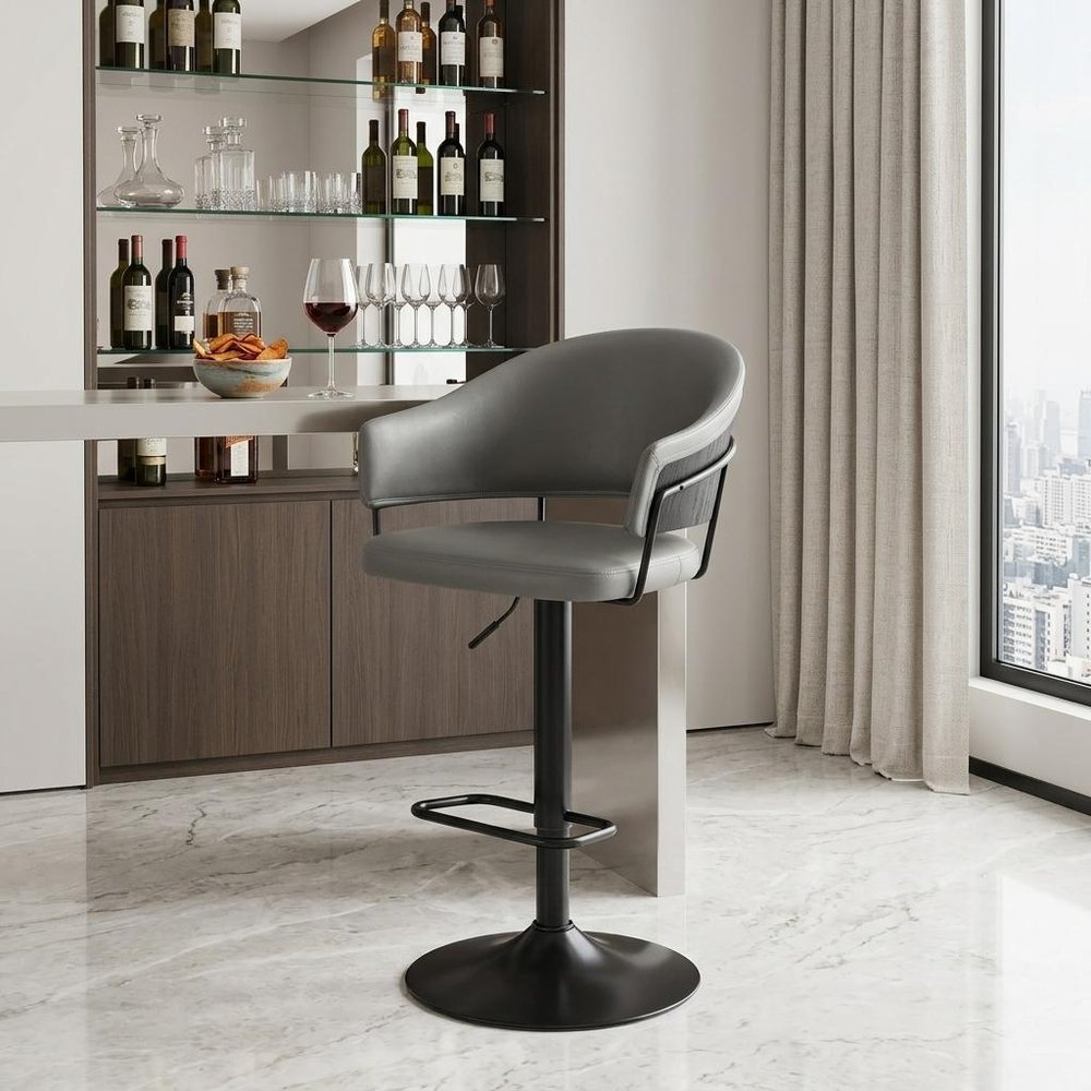 25" Gray And Black Iron Swivel Adjustable Height Bar Chair