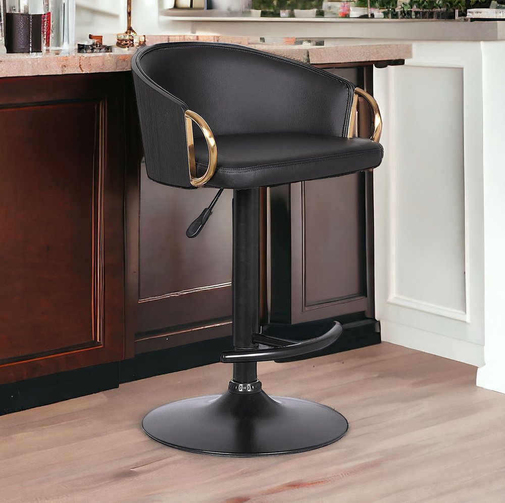 Black Iron Faux Leather and Fabric Low Back Adjustable Height Swivel Bar Chair