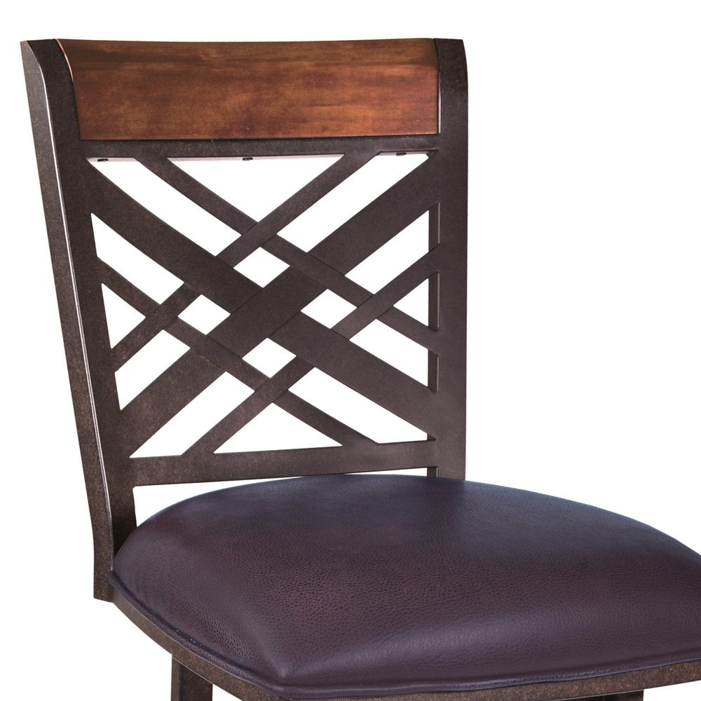 26" Brown Faux Leather And Fabric And Iron Counter Height Bar Chair