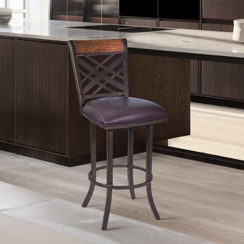 26" Brown Faux Leather And Fabric And Iron Counter Height Bar Chair