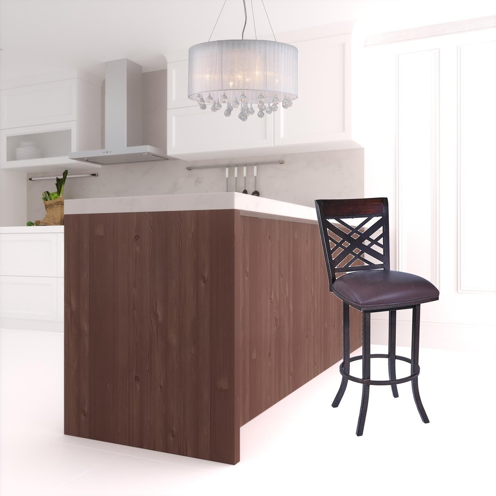 26" Brown Faux Leather And Fabric And Iron Counter Height Bar Chair