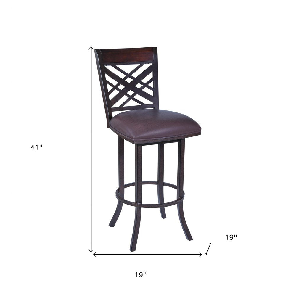 26" Brown Faux Leather And Fabric And Iron Counter Height Bar Chair