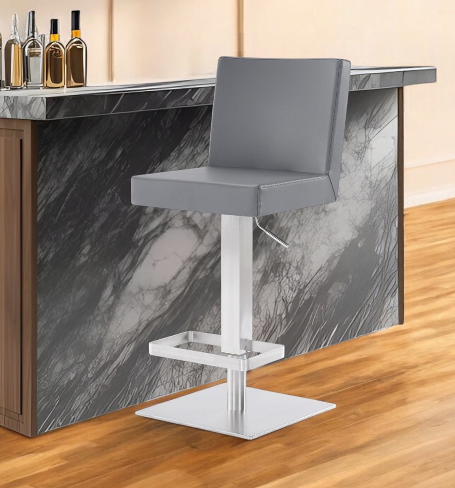 24" Gray and Silver Faux Leather and Iron Adjustable Height Swivel Bar Chair